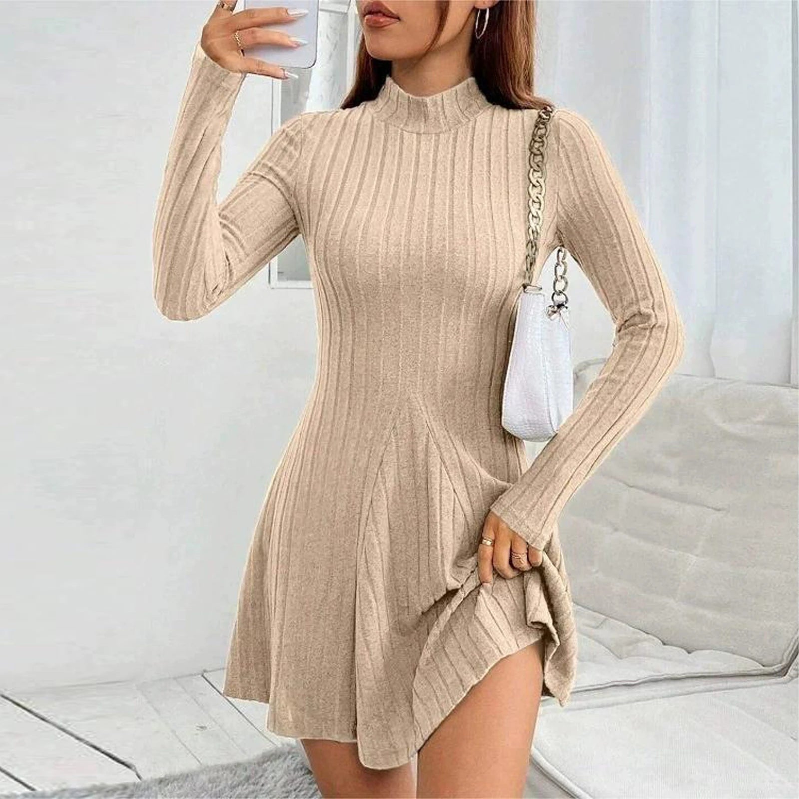 Knitted Turtleneck Long Sleeve Dress