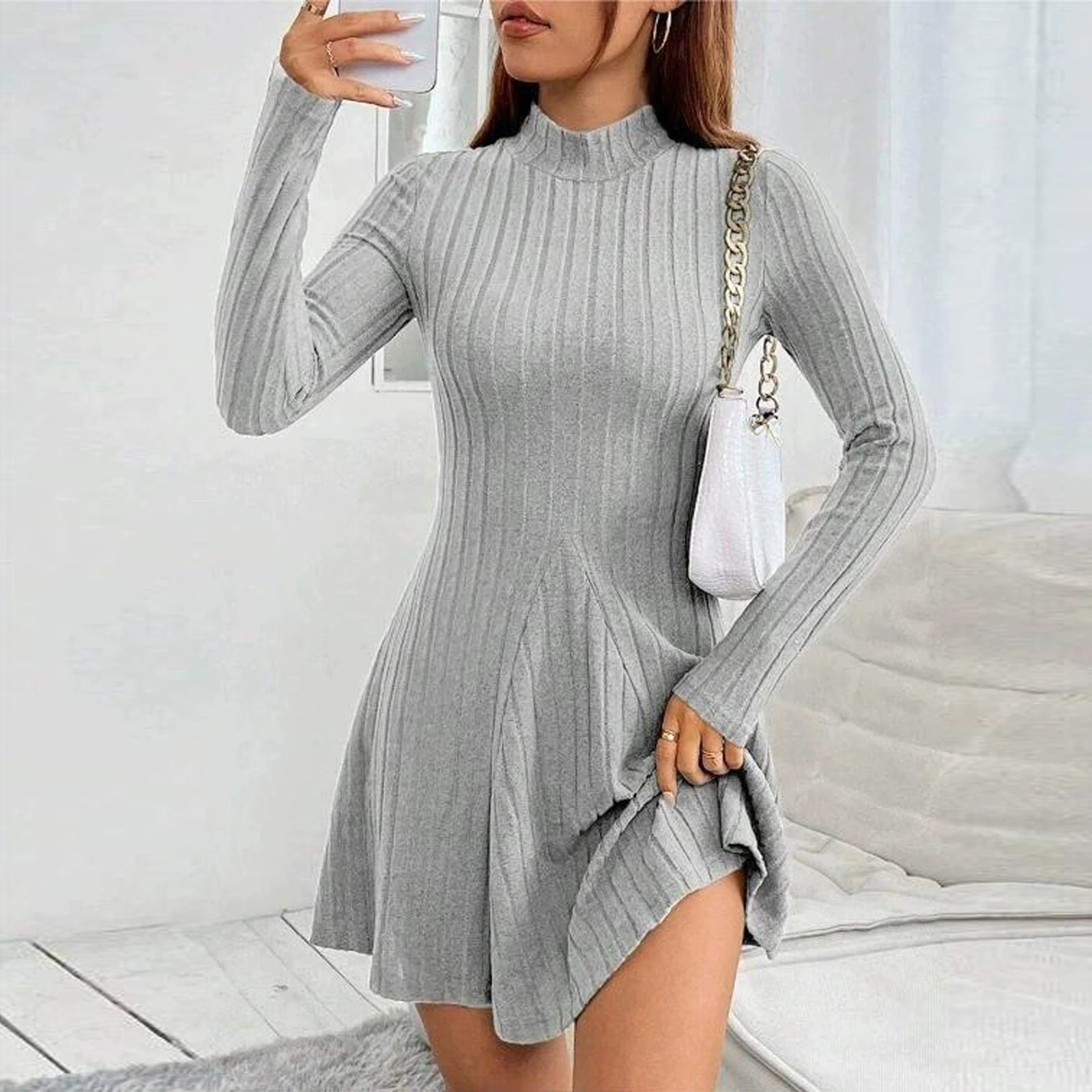 Knitted Turtleneck Long Sleeve Dress